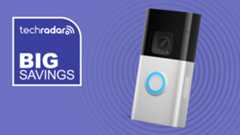 Ring video doorbell on purple background with white text reading 'TechRadar big savings'
