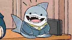 Jeff the Land Shark wearing a suit in court