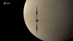 A space probe flies by a tan planet.