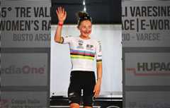 VARESE, ITALY - OCTOBER 07: Magdeleine Vallieres of Canada and Team EF Education-Oatly celebrates at podium as World Champion Jersey during the 5th Tre Valli Varesine Women&#039;s Race 2025 a 137km one day race from Busto Arsizio to Varese on October 07, 2025 in Varese, Italy. (Photo by Dario Belingheri/Getty Images)