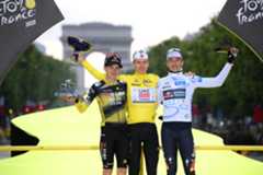 Jonas Vingegaard, Tadej Pogačar and Florian Lipowitz on the 2025 Tour de France podium