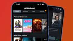 Two phones on a red and orange background showing the Letterboxd app