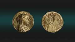Two sides of a gold coin discovered in the City of David. One side has a portrait of an Egyptian queen and the other features a cornucopia.