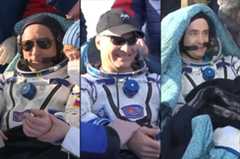 Soyuz MS-19 crewmates Anton Shkaplerov (at left), Mark Vande Hei (center) and Pyotr Dubrov as seen after returning to Earth from the International Space Station on Wednesday, March 30, 2022.