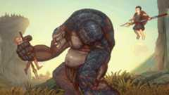 Kratos is grabbed by a cyclops in God of War: Sons of Sparta, as Deimos leaps to his aid from behind