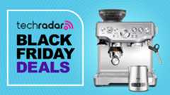 Sage coffee maker on blue background with text 'TechRadar Black Friday Deals'