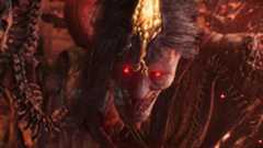 Nioh 3 Jakotsu-baba: A close-up of Jakotsu-baba's menacing grin, with glowing red eyes.