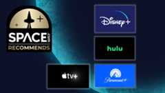 The Disney Plus, Hulu, Paramount Plus and Apple TV Plus logos on a blue planet background with the space.com logo in the top left corner
