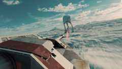 Entrenched Star Wars film; a snow speed attacks a At-At