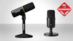 The Shure MV6 gaming microphone and the Amazon Basics USB Condenser Microphone on a silver background, with the PC Gamer recommended badge in the top right