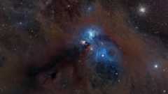A deep space scene in which swirling brown clouds of molecular dusk appear to form the hairy outline of a baboon's face, while blue emission nebulas appear like eyes in the middle of the image, and a knot of dense material forms a dark mouth to the lower left. A globular star cluster is visible shining to the upper right of the shot.