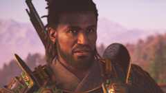 Assassin&#039;s Creed Shadows Yasuke unlock - A close-up of Yasuke talking, wearing armour and with a rifle on his back.