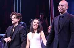 Aaron Tveit, Lea Michele and Nicholas Christopher during the opening night curtain call for the musical "Chess" on Broadway at The Imperial Theatre on November 16, 2025 in New York City