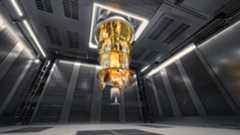 Inside the Quantum Lab, a low camera shot 12mm--a 3D render of a chandelier-style quantum computer hanging from the ceiling in a room covered in metal vents for airflow.