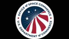 A circular badge showing the Office of Space Commerce with the words "Department of Commerce" on the circular image