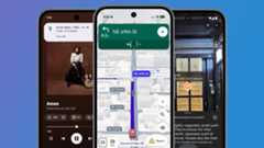 Three phone on a purple and blue background showing new Google Maps features