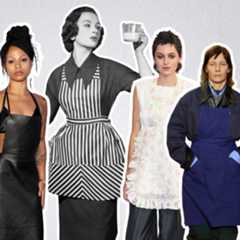 a collage of Myha'la, a 1950s housewife, Emma Corrin, and Sandra H&uuml;ller walking in Miu Miu Spring 2026 wearing the apron dress trend