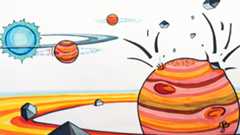 A drawing of a planet that looks like Jupiter surrounded by rocky objects. It looks like rocks are impacting the planet from above. In the distance, there is a drawing of a blue sun-like figure with another Jupiter-looking planet around it.