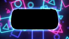 A handheld silhouette against a dark background with neon shapes. 