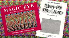 A Magic Eye book and Stare-EO Workshop software instruction manual on a Magic Eye image background.