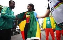 KIGALI, RWANDA - SEPTEMBER 27: Kahsay Tsige Kiros and Team Ethiopia reacts after the 98th UCI Cycling World Championships Kigali 2025 - Women Junior Road Race a 74km race from Kigali to Kigali on September 27, 2025 in Kigali, Rwanda. (Photo by Dario Belingheri/Getty Images)