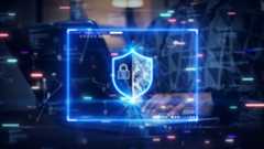 A digital concept image of a VPN protecting internet data. The VPN is an electric blue shield in a browser window