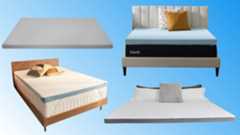 (Clockwise from left) Cut-outs of the Casper Comfy Topper, the Lucid Gel Memory Foam Mattress Topper, Tempur-Adapt + Cooling Mattress Topper, and the Sleepyhead Cooling Copper Topper on a gradient blue background. 