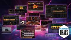 A selection of IK Multimedia plugins for music production on a purple background