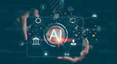 Hands typing on laptop beside tablet and smartphone, cloud and analytics overlays highlight technology, strategy and transformation powering business innovation with data insights - stock photo