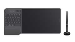 Huion Inspiroy Keydial KD200 front view with stylus