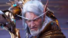 A screencap of the announcement trailer for World of Warcraft: Midnight. A grey-haired elven warrior readies his sword while looking at the viewer. He's wearing golden plated armor. His long eyebrows are slanted as he looks forward with a stoic determination.