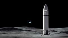 a massive silver-and-white rocket lands on the grey, dusty surface of the moon