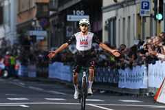 LISSONE, ITALY - OCTOBER 05: Adam Yates of Great Britain and UAE Team Emirates celebrates at finish line as race winner during the 78th Coppa Agostoni - Giro Delle Brianze 2025 a 166.7km one day race from Lissone to Lissone on October 05, 2025 in Lissone, Italy. (Photo by Dario Belingheri/Getty Images)