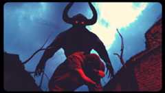 A demon stares down at a person