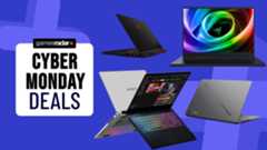 Gaming laptops on a blue background with Cyber Monday deals badge