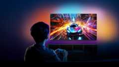 Lifestyle image of the Roku Philips Ambilight TV shot from behind someone playing a video game with a sports car in it and lots of colors on the wall