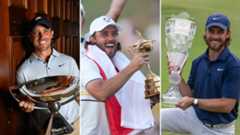 (L to R) Tommy Fleetwood poses with the FedEx Cup, the Ryder Cup and the DP World India Championship