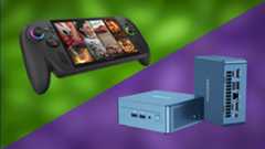 Xbox Ally X on a green background and Geekom IT13 mini PC on a purple background. 