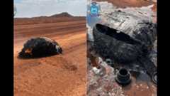 Two images side by side showing smoky metal parts that have landed in soft dirt