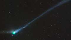 A photo of the green comet with a long tail in the night sky