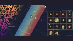 A series of rainbow colored strings on the left, labeled Cosmic web, next to a diagonally placed cylinder with bits of colored shapes inside with a boxout on the right with various boxes of rainbow shapes