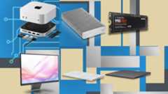 Mac mini M4, Mac mini M4 Satechi dock, OWC SSD enclosure, Samsung 990 Pro SSD, MSI Modern monitor, Apply Magic Keyboard and Magic Trackpad 2 on a blue and yellow geometric background with circuit board motif