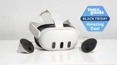 Meta Quest 3 and controllers on table with Tom's Guide Black Friday Amazon Deal badge