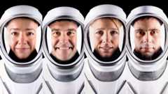 four humans in white helmets