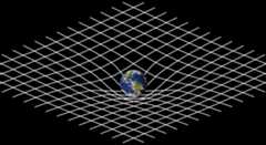 An illustration of the Earth warping a flat sheet of white crisscrossing lines.