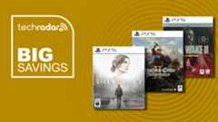 Three PS5 boxes against a yellow background