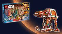 A gingerbread-colored camel-like robot and a Darth Vader minifigure are on the right hand side of the screen with a droid-heavy advent calendar on the left, both are in front of an orange planet background.