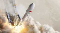 artist&#039;s illustration of a white rocket launching, in a top-down view from just above the payload fairing. 