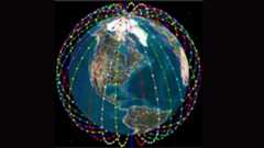 An illustration of a globe surrounded by various lines with dots of different colors engulfing the sphere against a black background