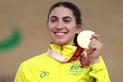 IZU, JAPAN - AUGUST 25: Gold medalist Paige Greco of Team Australia poses during the medal ceremony for Track Cycling Women’s C1-3 3000m Individual Pursuit on day 1 of the Tokyo 2020 Paralympic Games at Izu Velodrome on August 25, 2021 in Izu, Japan. (Photo by Kiyoshi Ota/Getty Images)